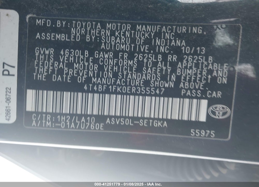 2014 TOYOTA CAMRY XLE VIN: 4T4BF1FK0ER355547