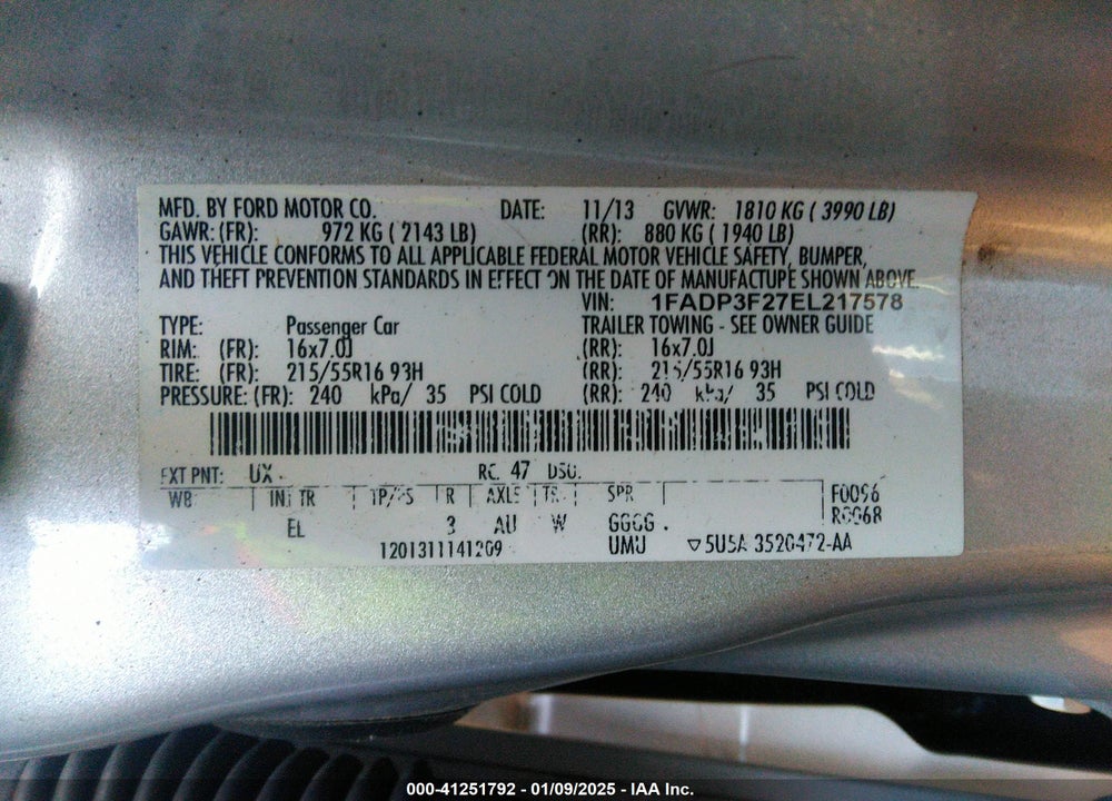 2014 FORD FOCUS VIN: 1FADP3F27EL217578