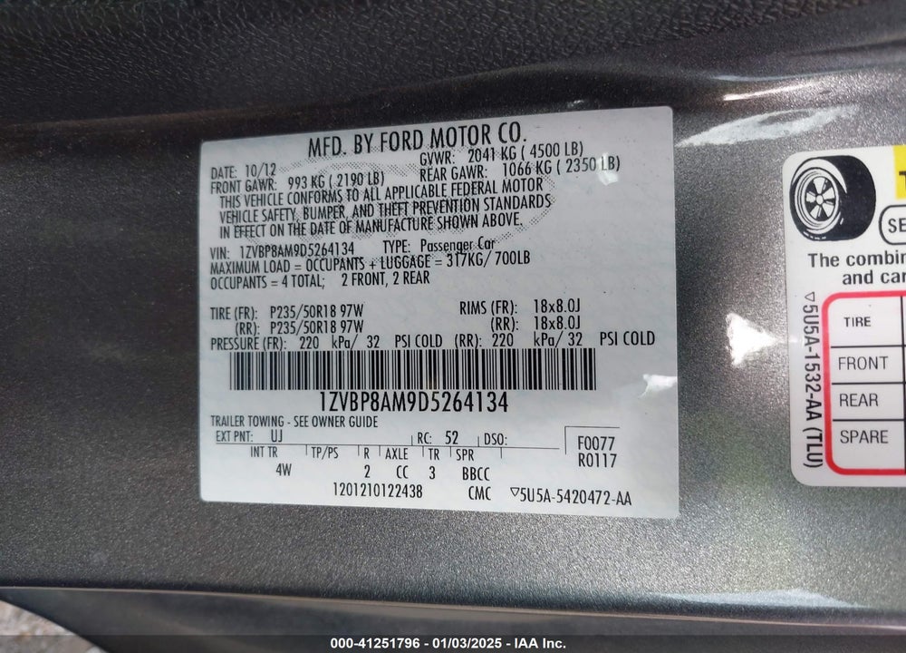 2013 FORD MUSTANG VIN: 1ZVBP8AM9D5264134