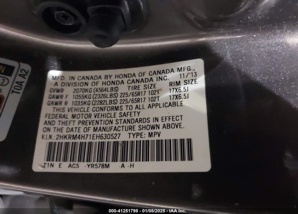 2014 HONDA CR-V EX-L VIN: 2HKRM4H71EH630527