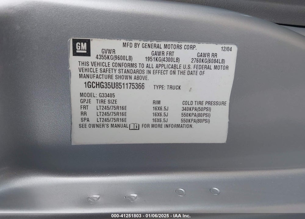 2005 CHEVROLET EXPRESS VIN: 1GCHG35U851175366