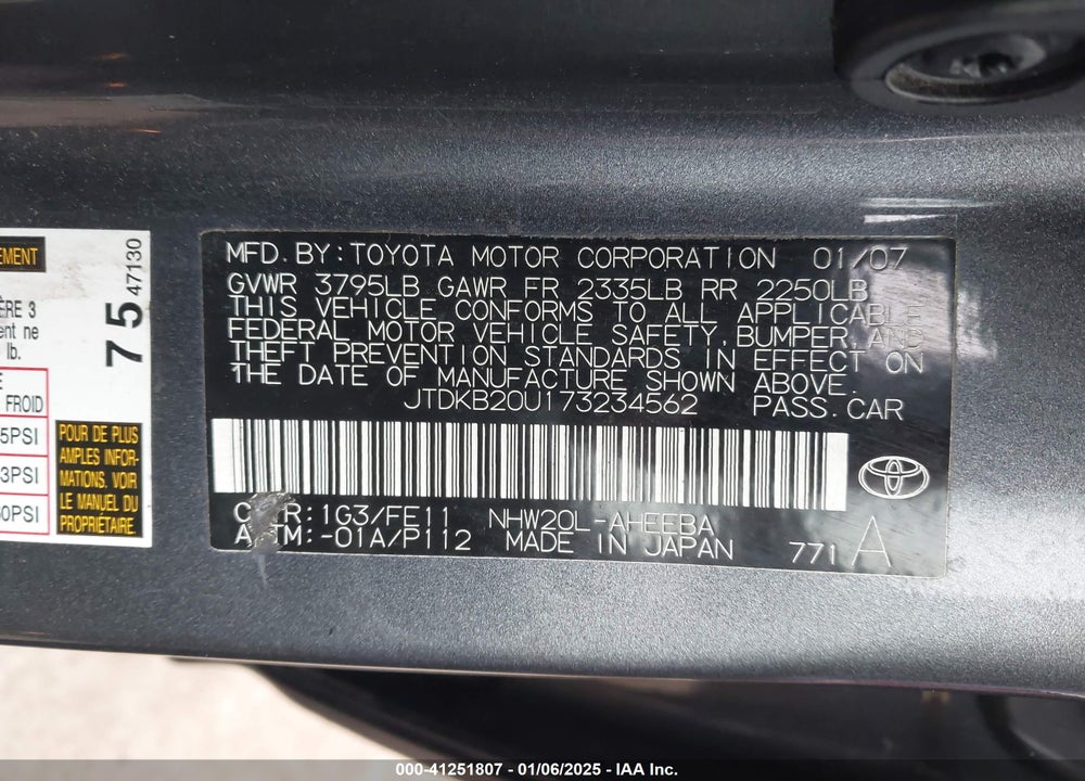 2007 TOYOTA PRIUS VIN: JTDKB20U173234562