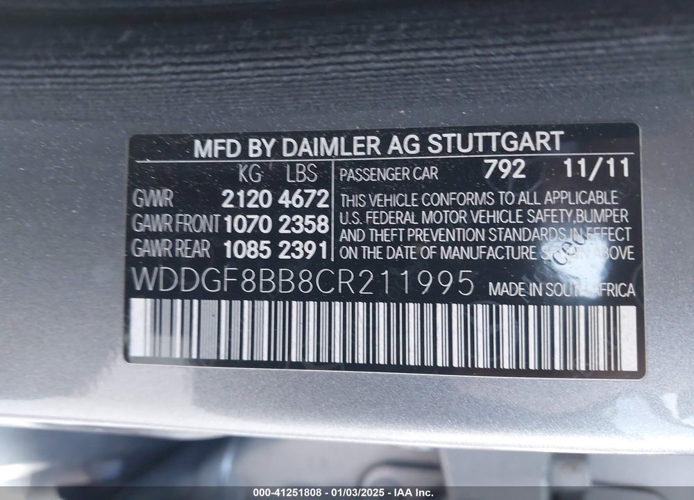 2012 MERCEDES-BENZ C 300 VIN: WDDGF8BB8CR211995