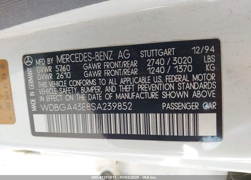 1995 MERCEDES-BENZ S 420 VIN: WDBGA43E8SA239852
