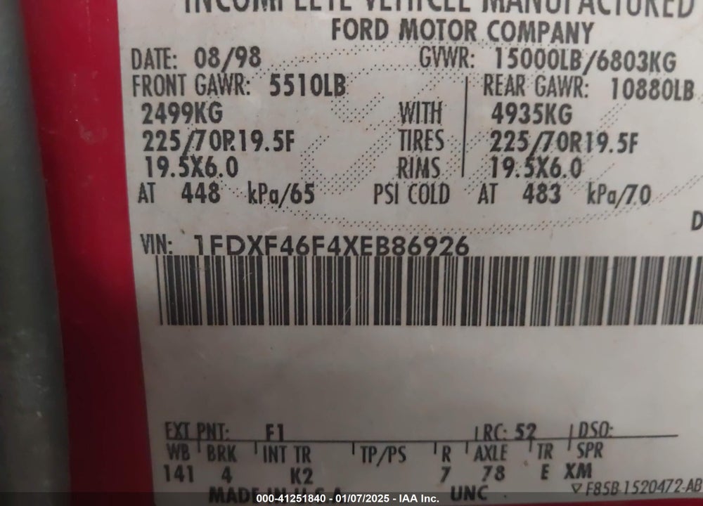 1999 FORD F-450 VIN: 1FDXF46F4XEB86926