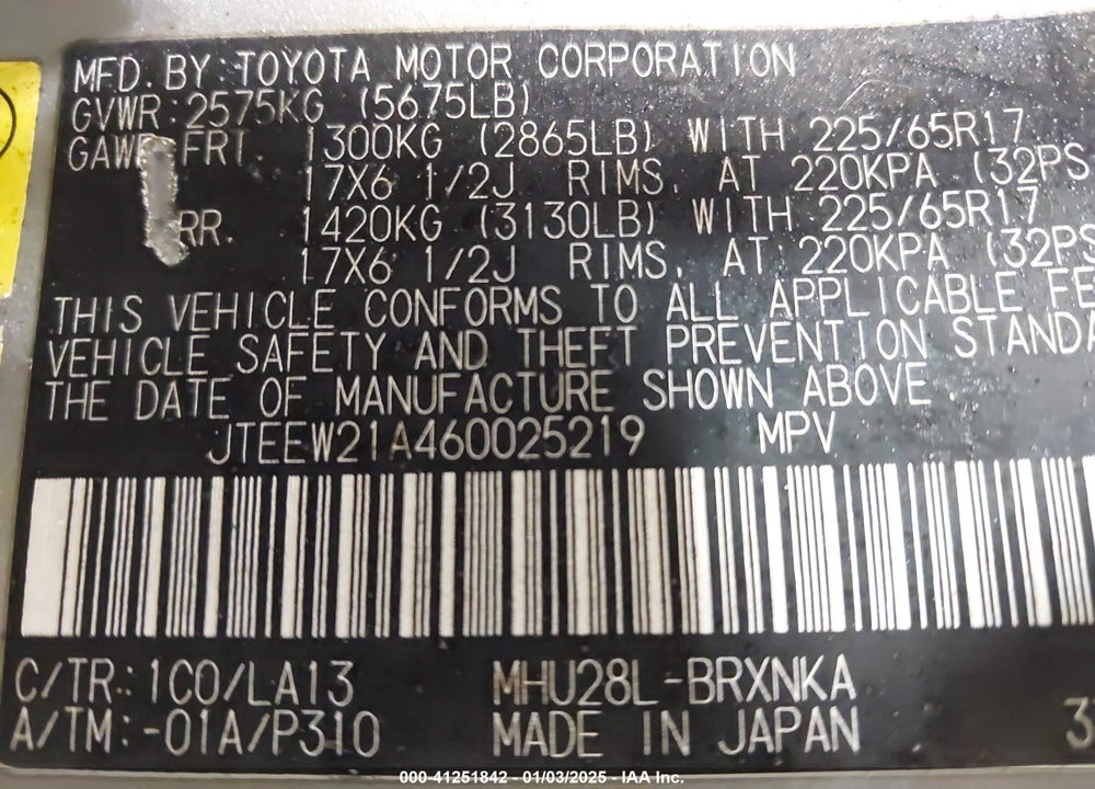 2006 TOYOTA HIGHLANDER HYBRID LIMITED V6 VIN: JTEEW21A460025219