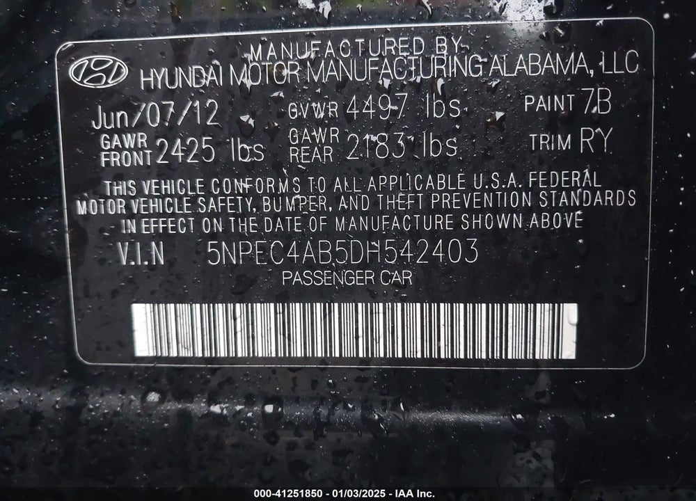 2013 HYUNDAI SONATA VIN: 5NPEC4AB5DH542403