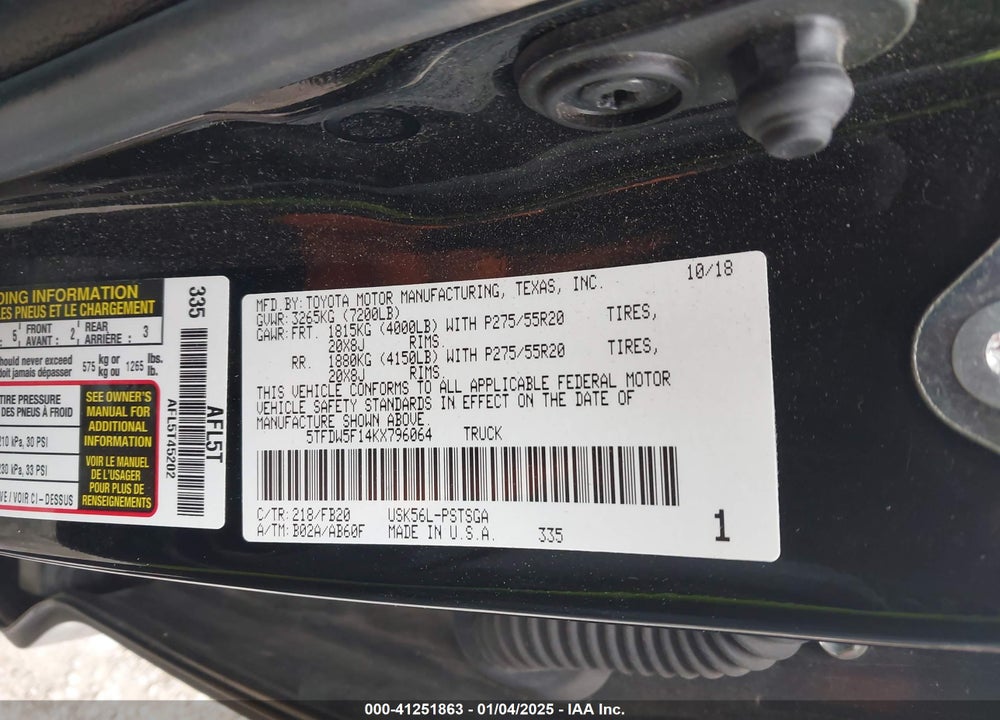 2019 TOYOTA TUNDRA VIN: 5TFDW5F14KX796064