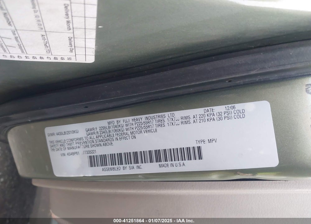 2007 SUBARU OUTBACK 2.5I VIN: 4S4BP61C577335221