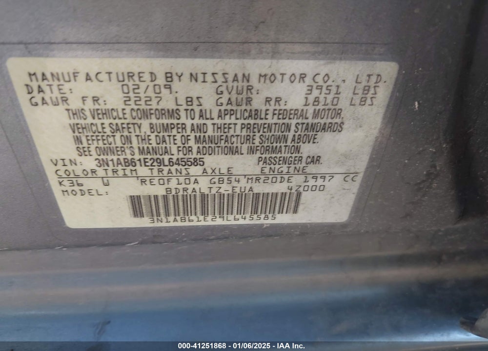 2009 NISSAN SENTRA 2.0S VIN: 3N1AB61E29L645585