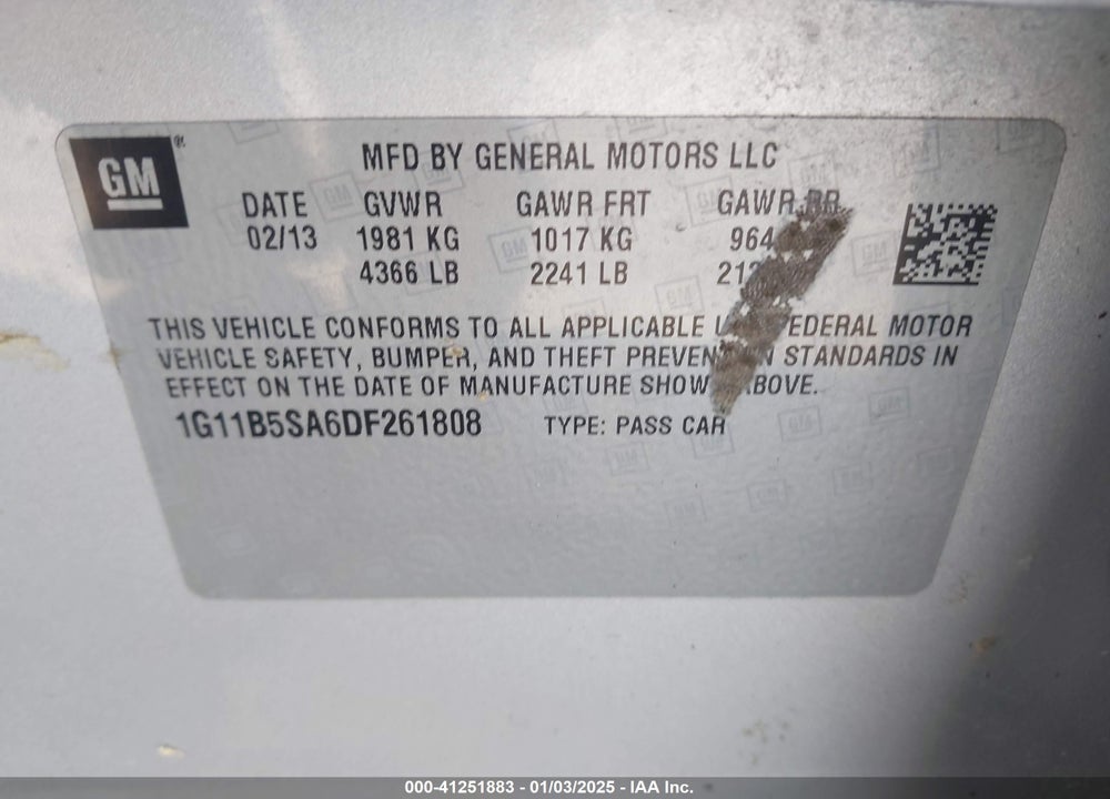 2013 CHEVROLET MALIBU VIN: 1G11B5SA6DF261808