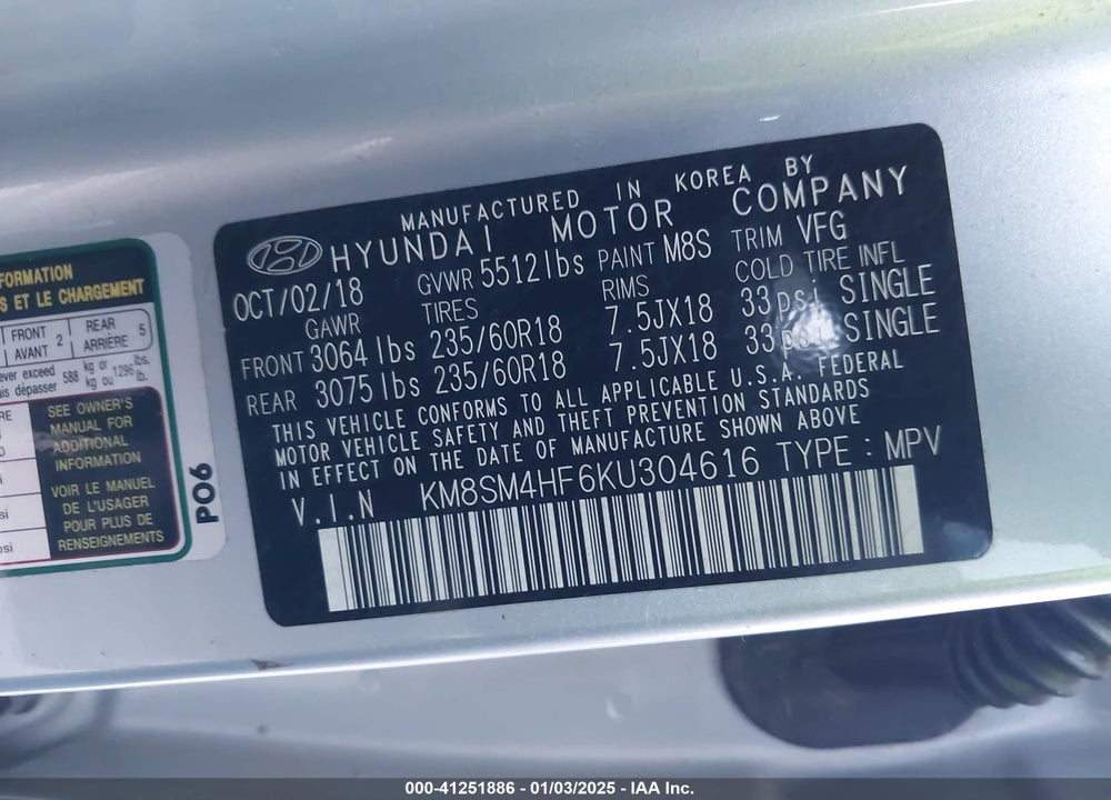 2019 HYUNDAI SANTA FE XL SE VIN: KM8SM4HF6KU304616