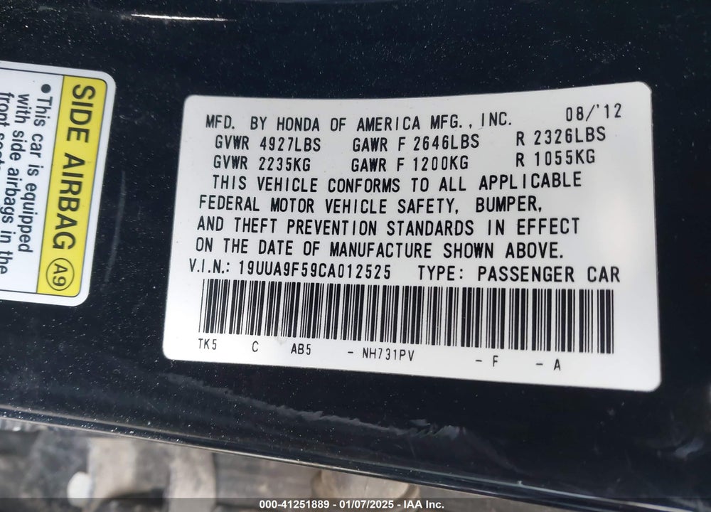 2012 ACURA TL VIN: 19UUA9F59CA012525