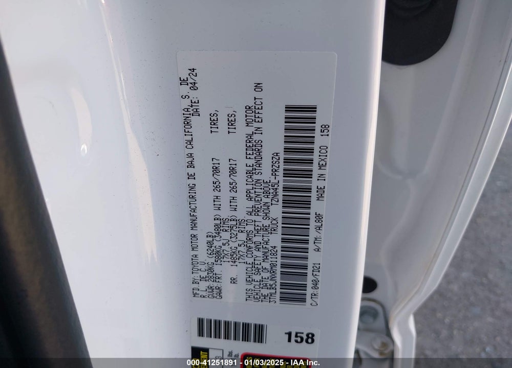 2024 TOYOTA TACOMA TRD OFF ROAD VIN: 3TMLB5JNXRM011824