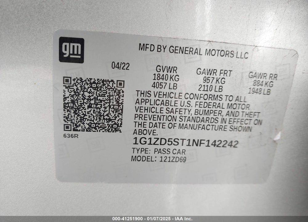2022 CHEVROLET MALIBU VIN: 1G1ZD5ST1NF142242