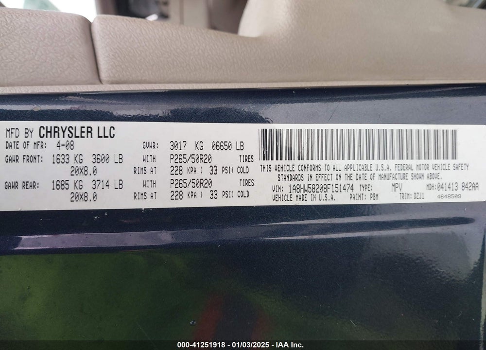 2008 CHRYSLER ASPEN LIMITED VIN: 1A8HW58208F151474