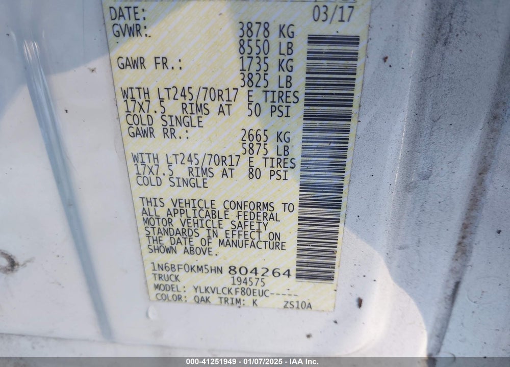 2017 NISSAN NV CARGO NV1500 S V6 VIN: 1N6BF0KM5HN804264