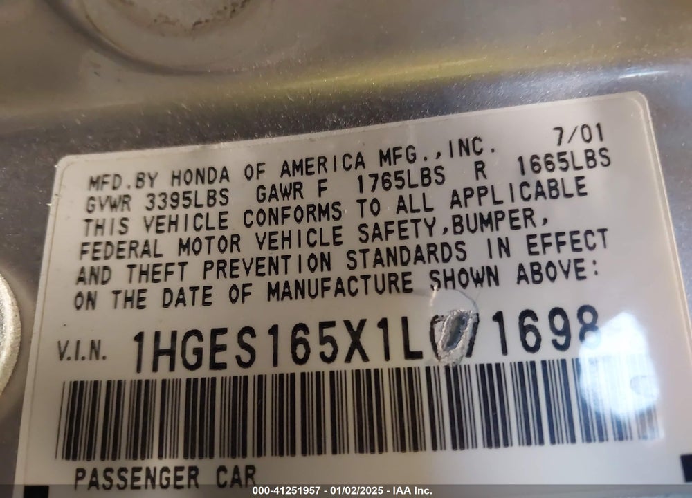 2001 HONDA CIVIC LX VIN: 1HGES165X1L071698