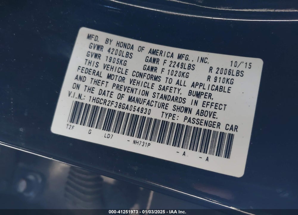 2016 HONDA ACCORD VIN: 1HGCR2F38GA054930