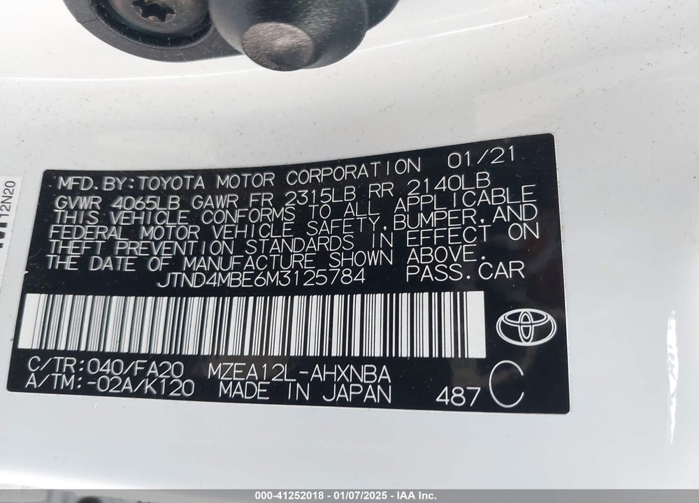 2021 TOYOTA COROLLA VIN: JTND4MBE6M3125784