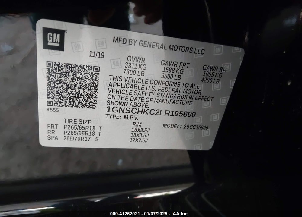 2020 CHEVROLET SUBURBAN VIN: 1GNSCHKC2LR195600