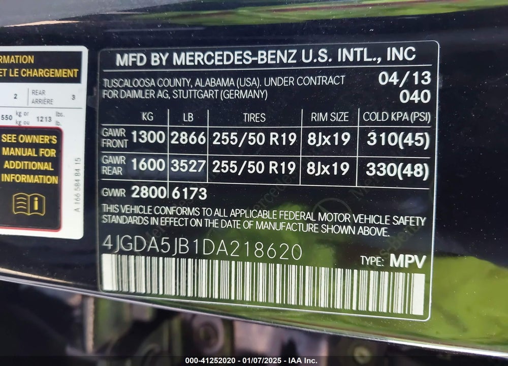 2013 MERCEDES-BENZ ML 350 VIN: 4JGDA5JB1DA218620
