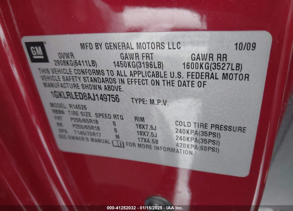 2010 GMC ACADIA SLE VIN: 1GKLRLED8AJ149756