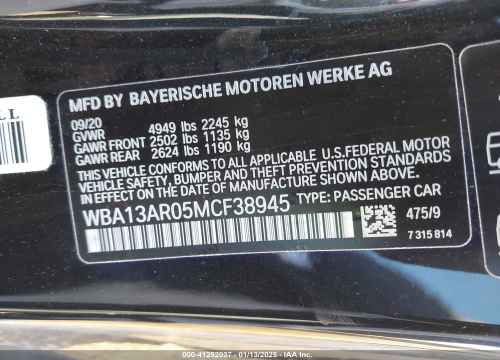 2021 BMW M440I XDRIVE VIN: WBA13AR05MCF38945