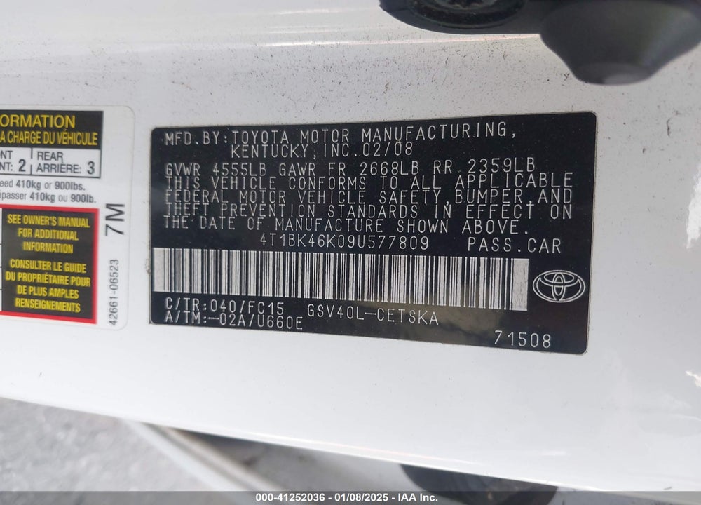 2009 TOYOTA CAMRY SE V6 VIN: 4T1BK46K09U577809