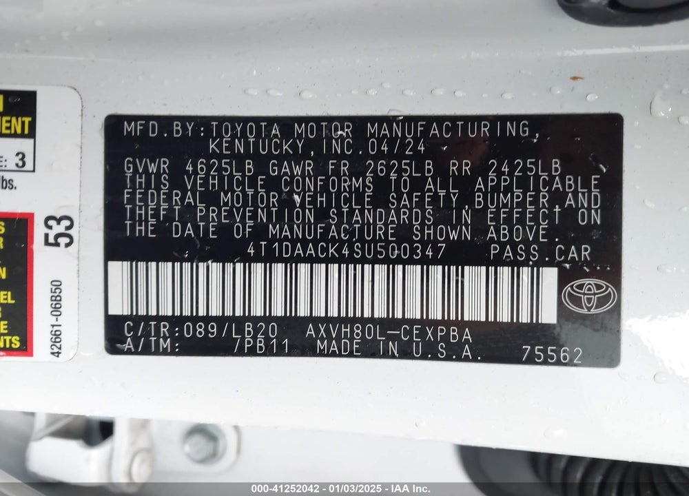 2025 TOYOTA CAMRY VIN: 4T1DAACK4SU500347