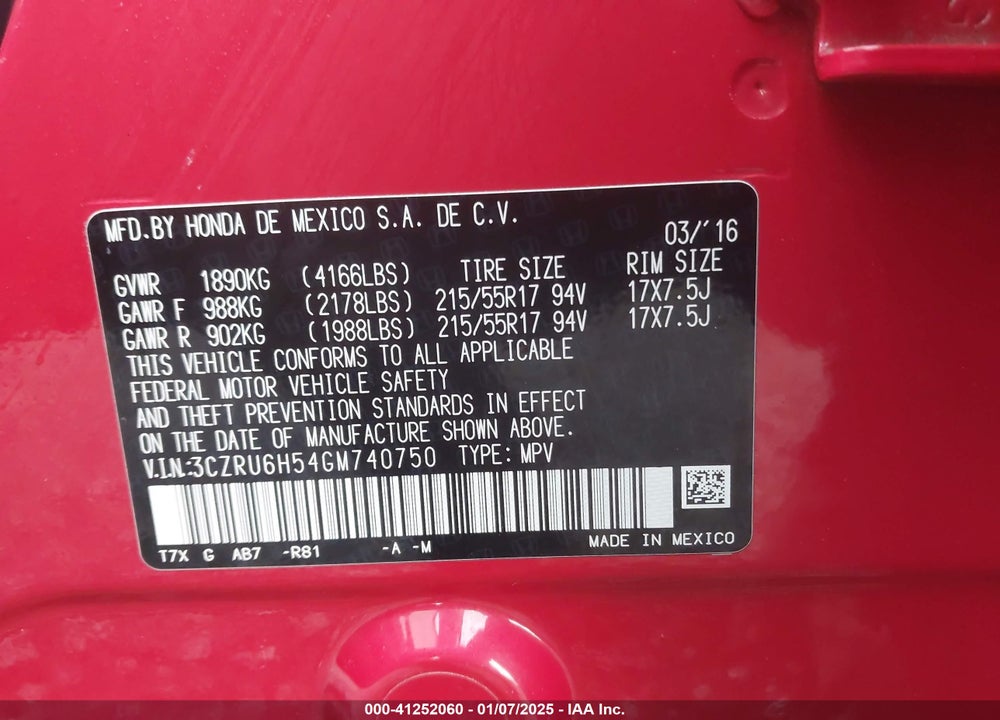 2016 HONDA HR-V EX VIN: 3CZRU6H54GM740750