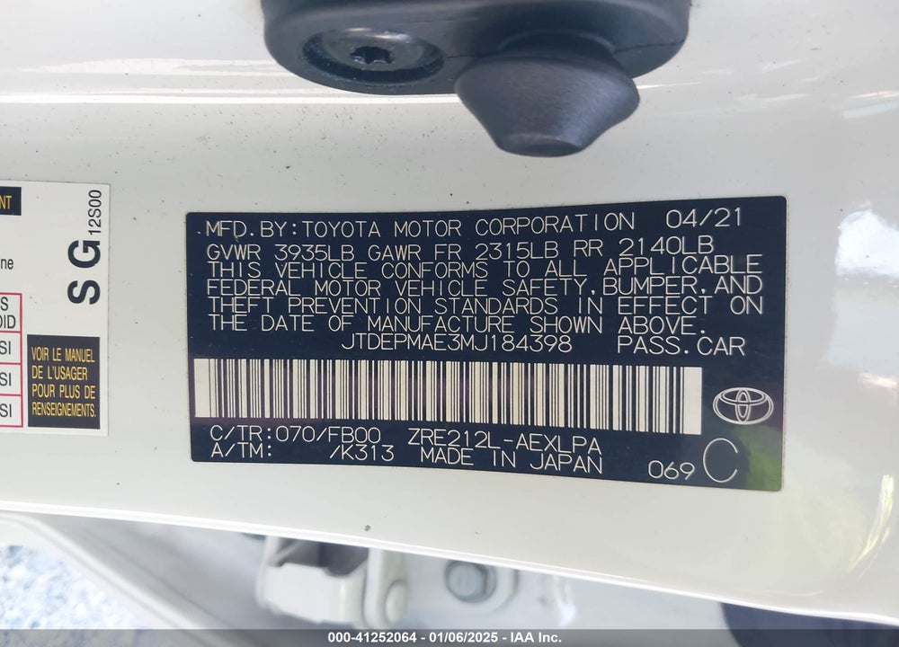 2021 TOYOTA COROLLA LE VIN: JTDEPMAE3MJ184398