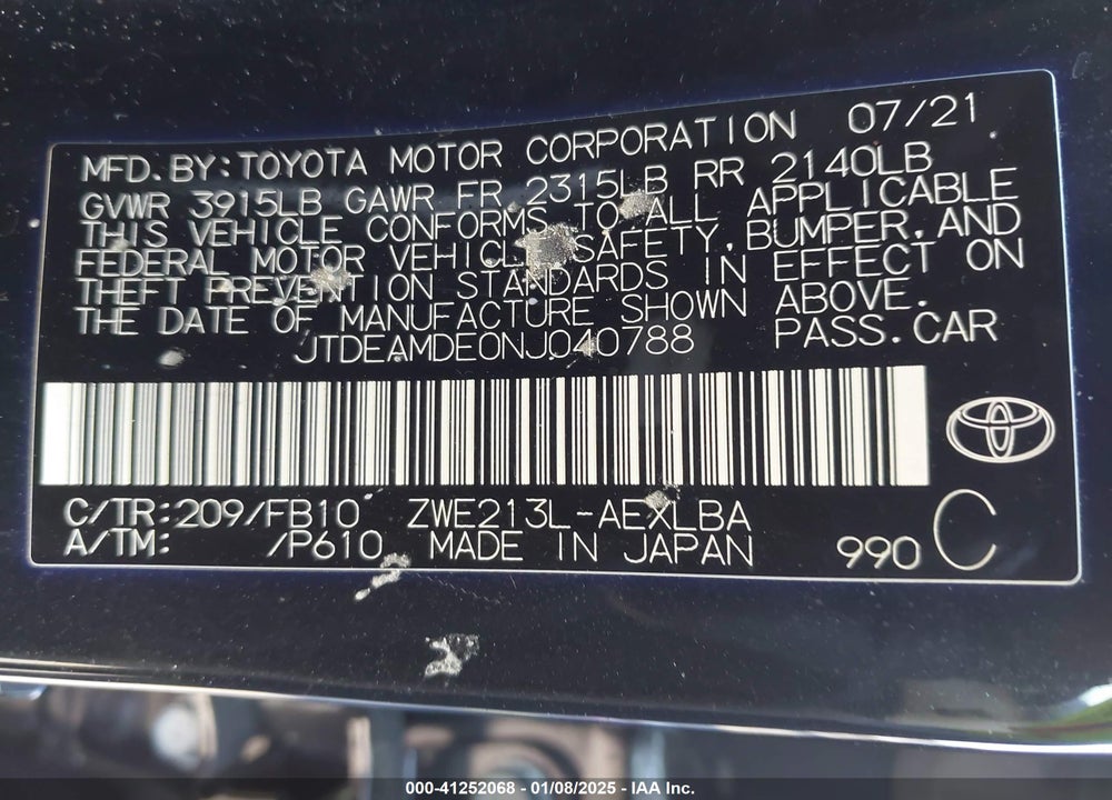 2022 TOYOTA COROLLA VIN: JTDEAMDE0NJ040788