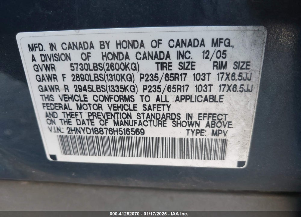 2006 ACURA MDX VIN: 2HNYD18876H516569