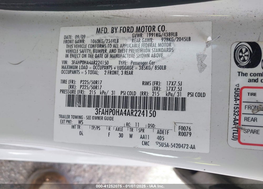 2010 FORD FUSION SE VIN: 3FAHP0HA4AR224150