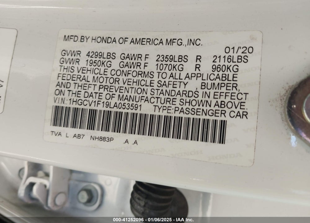 2020 HONDA ACCORD VIN: 1HGCV1F19LA053591