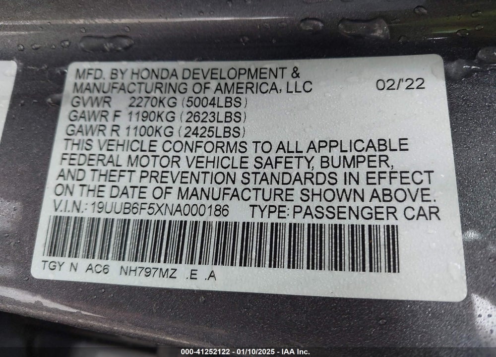 2022 ACURA TLX VIN: 19UUB6F5XNA000186