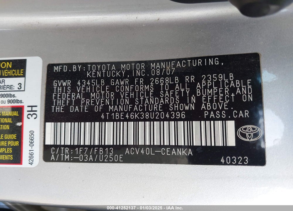 2008 TOYOTA CAMRY VIN: 4T1BE46K38U204396