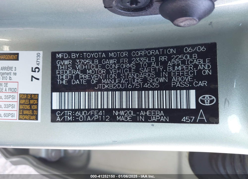 2006 TOYOTA PRIUS VIN: JTDKB20U167514635