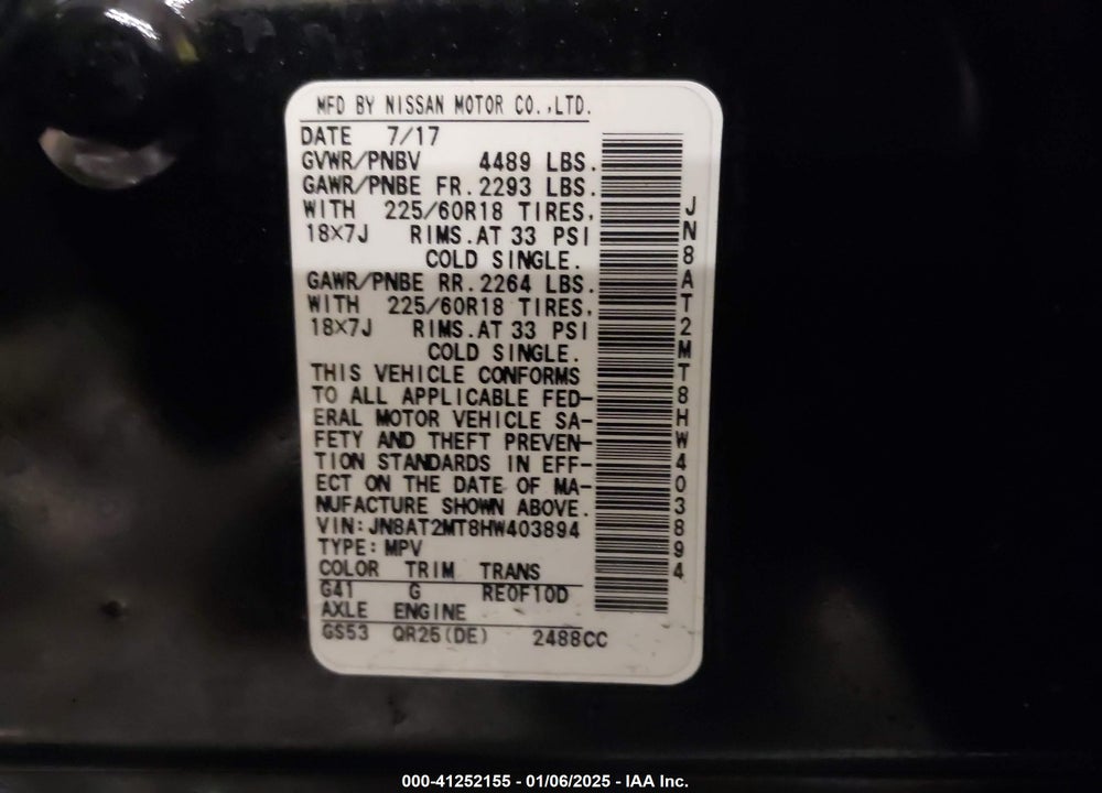 2017 NISSAN ROGUE SL VIN: JN8AT2MT8HW403894