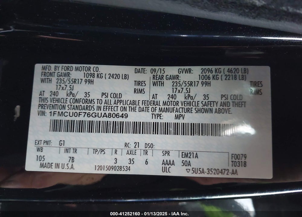 2016 FORD ESCAPE S VIN: 1FMCU0F76GUA80649