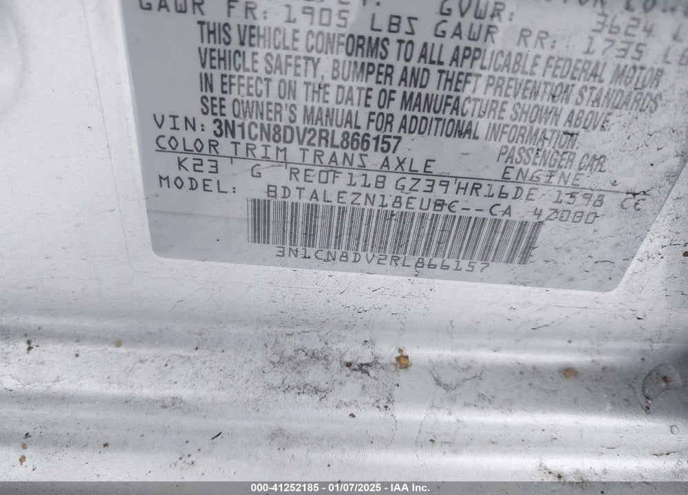 2024 NISSAN VERSA 1.6 S+ VIN: 3N1CN8DV2RL866157