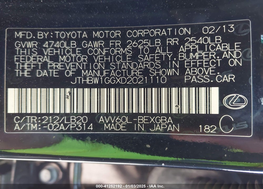 2013 LEXUS ES 300H VIN: JTHBW1GGXD2021110