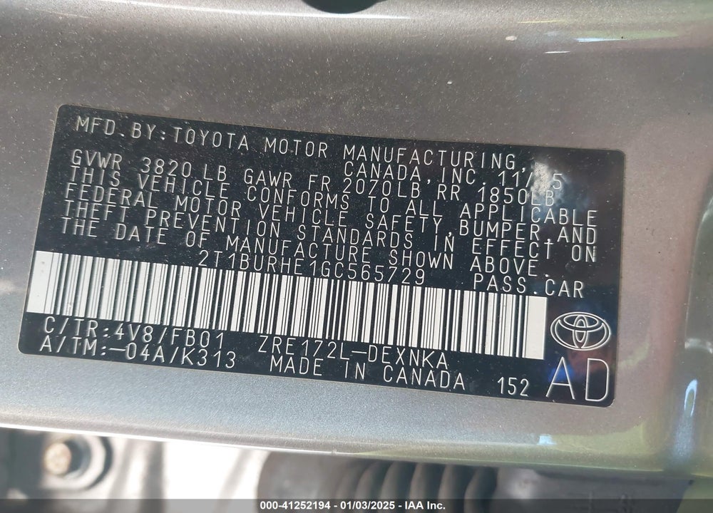 2016 TOYOTA COROLLA VIN: 2T1BURHE1GC565729