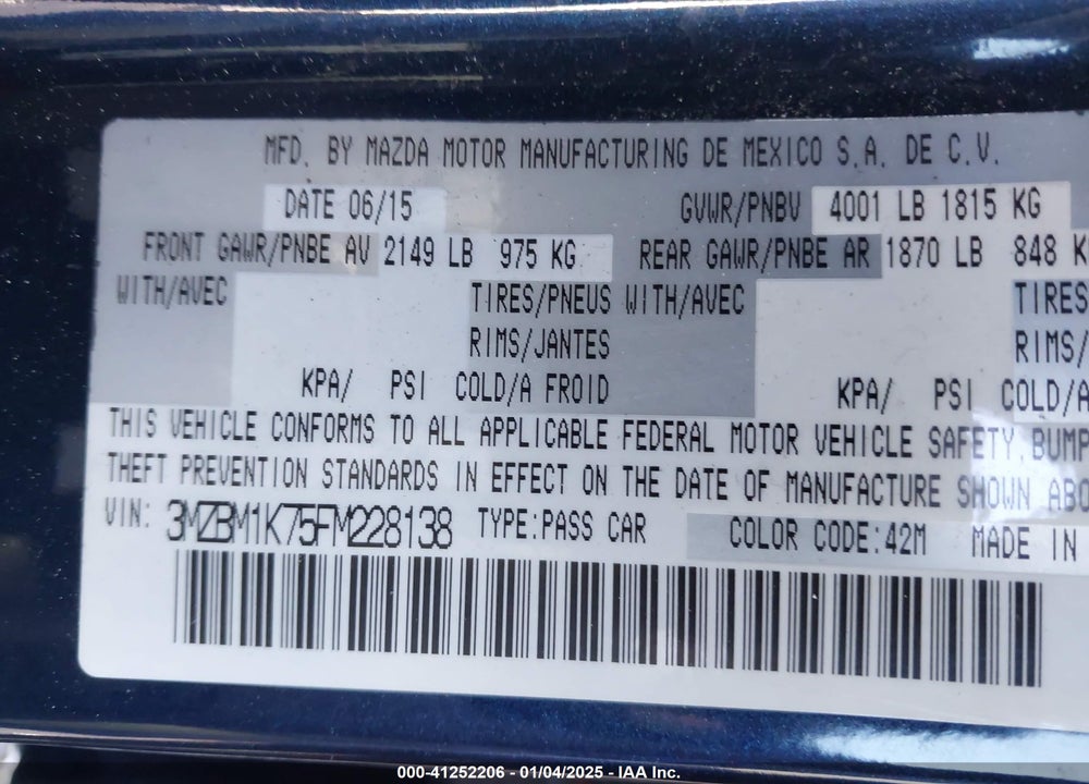 2015 MAZDA 3 I SPORT VIN: 3MZBM1K75FM228138