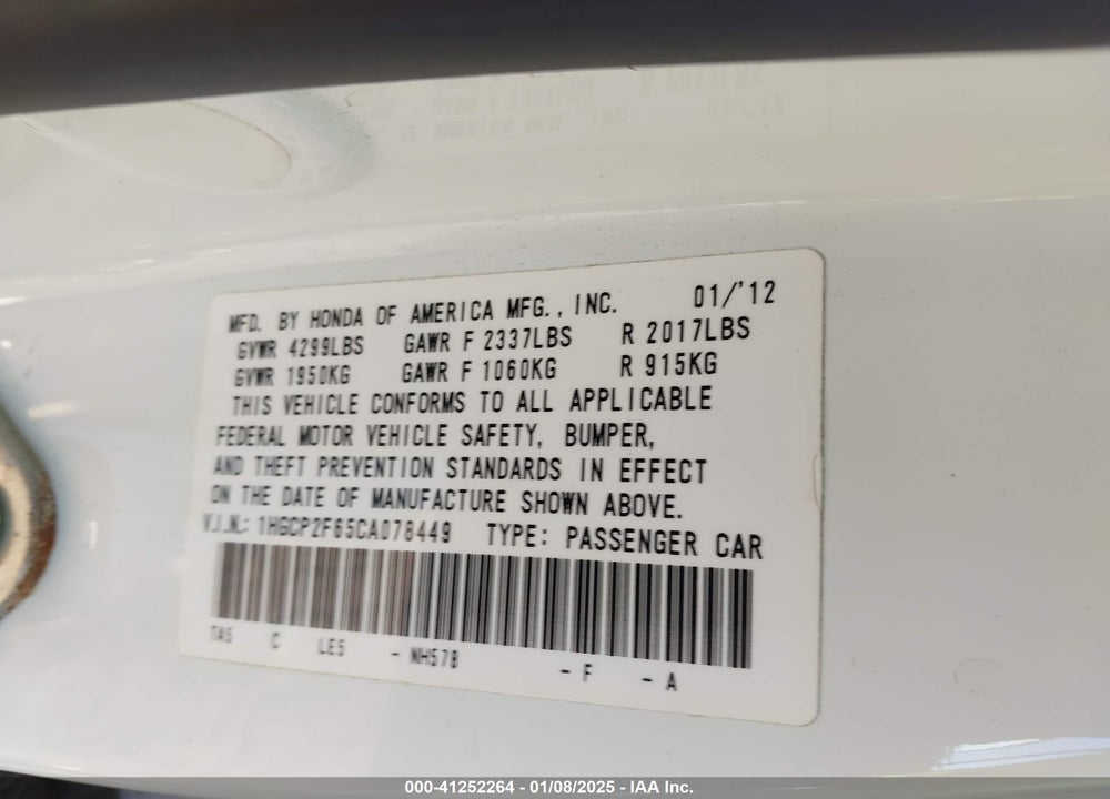2012 HONDA ACCORD 2.4 SE VIN: 1HGCP2F65CA078449
