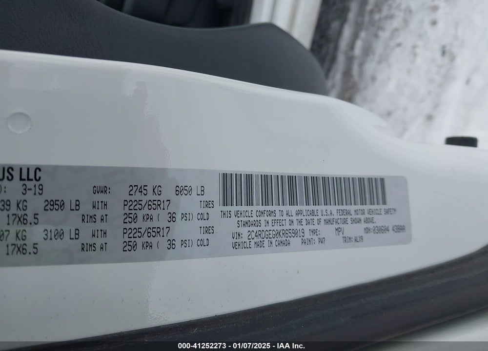 2019 DODGE GRAND CARAVAN VIN: 2C4RDGEG0KR659019