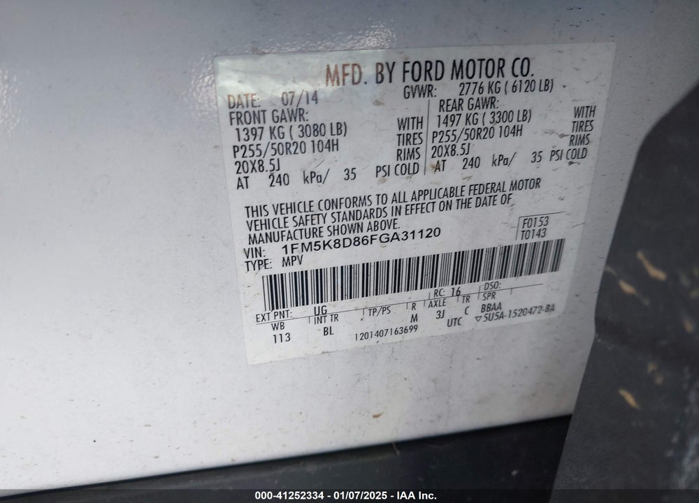 2015 FORD EXPLORER XLT VIN: 1FM5K8D86FGA31120