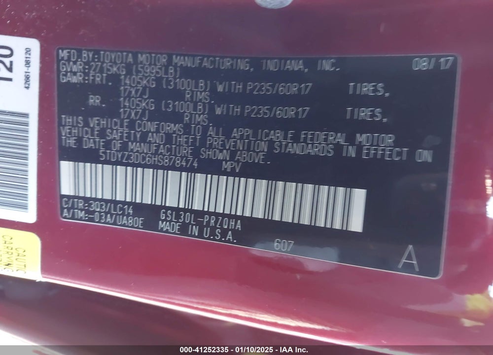 2017 TOYOTA SIENNA VIN: 5TDYZ3DC6HS878474