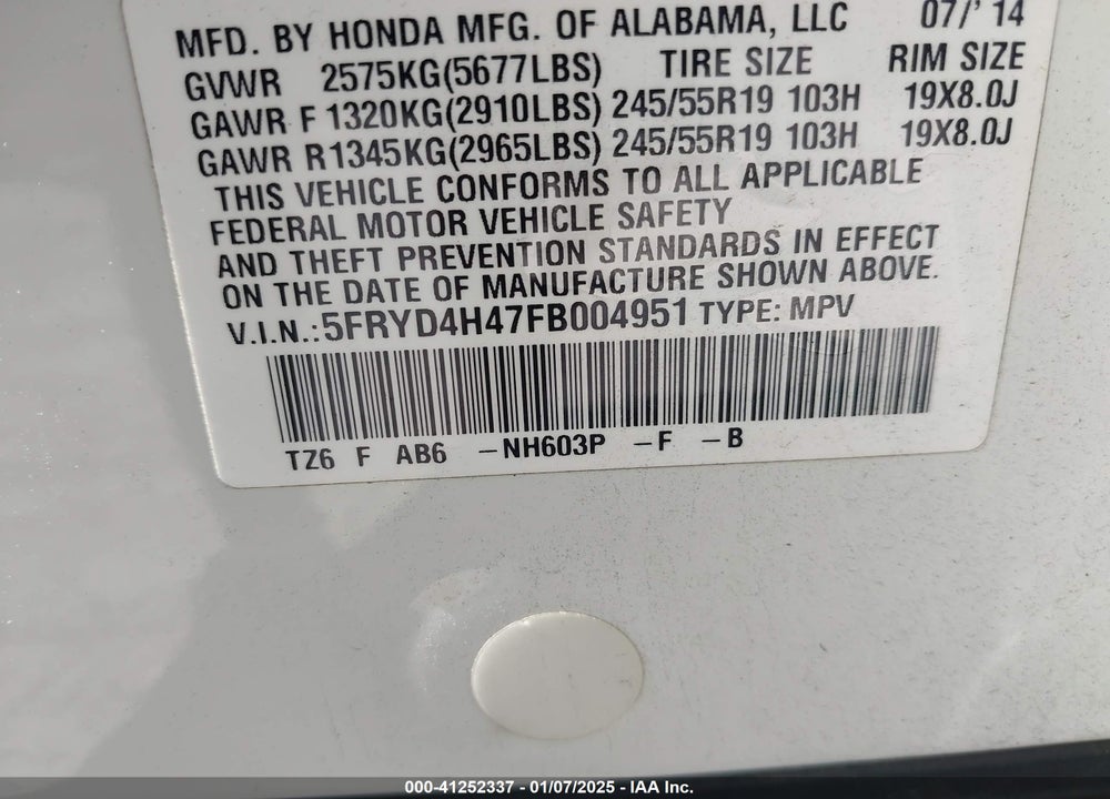 2015 ACURA MDX TECHNOLOGY PACKAGE VIN: 5FRYD4H47FB004951